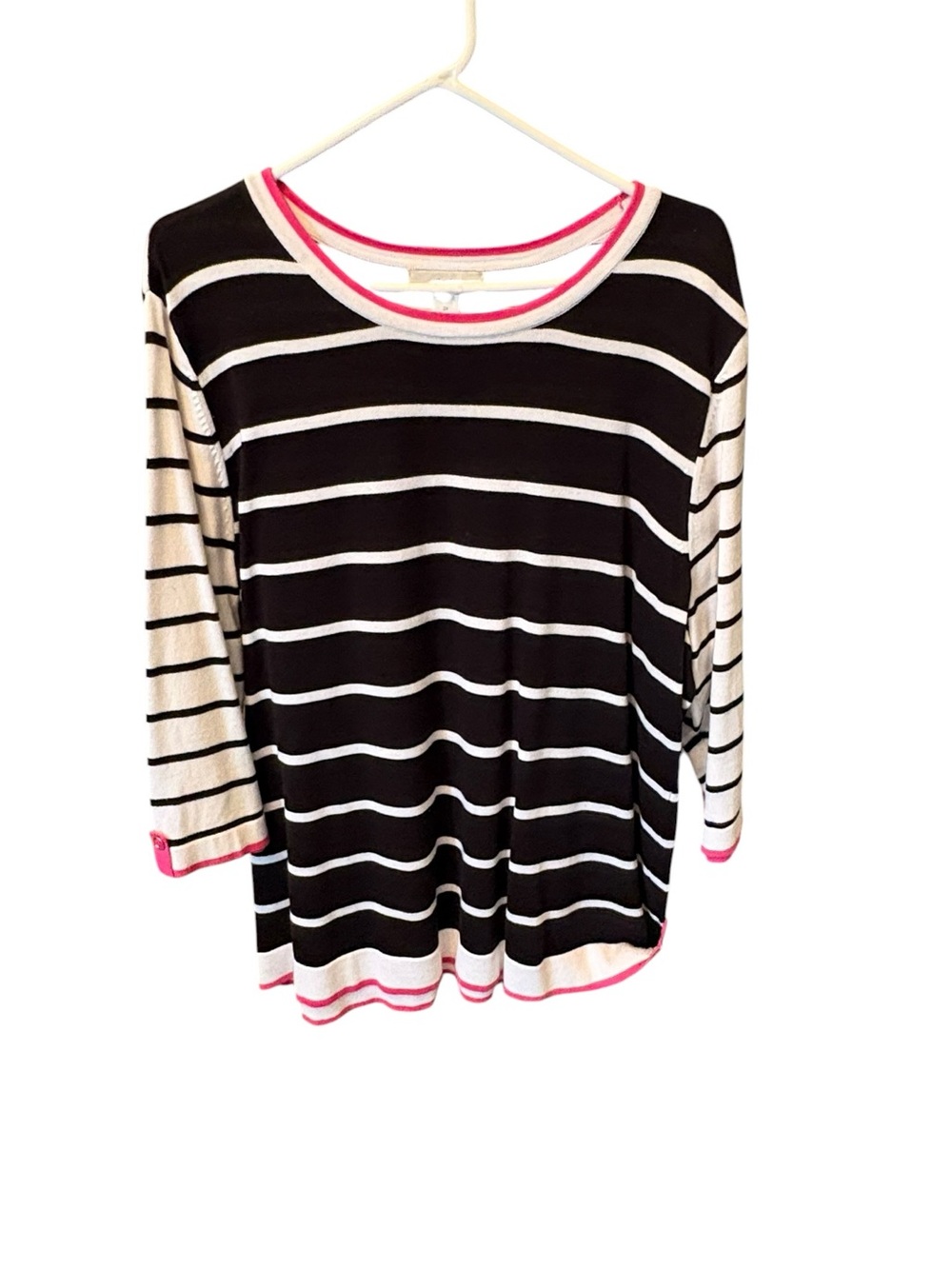 CJ Banks Black and White Striped Top with Pink Trim - Picture 2 of 5